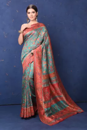 90L937-RO Blue Kani Weave Saree with Red Border