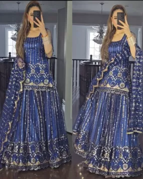 Dark Blue Georgette Sequence Work Stitched Lehenga Choli Set