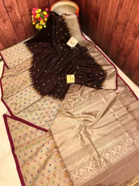 Dark Coffee Color Pure Gadwal Silk with Meenakari Border and Golden & Silver Zari Work