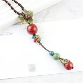 Ethnic Metal Flower Long Beaded  Rope Necklace -2 Colors