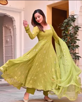 Lime Green Muslin Silk Embroidered Gown With Dupatta Set Of 2