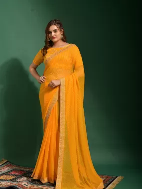 Odette Women Yellow Chiffon Designer Saree With Unstitched Blouse