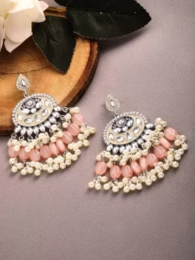 Rubans Kundan Peach Enamel with Beads Silver Plated Handcrafted Chandbali Earrings