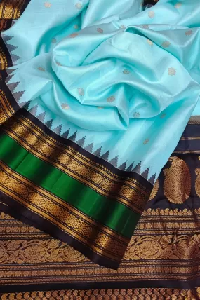 Sky Blue Color Pure Gadwal Silk Saree with Buti Work and Temple Border