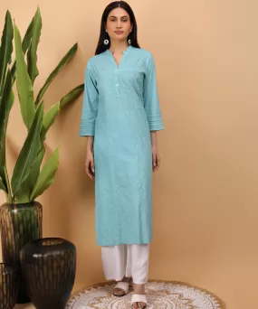 Sky blue hand embroidered chikankari cotton kurta