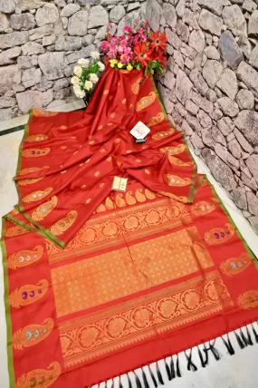 Tomato Red Color Pure Gadwal Silk Saree with Golden Butta Work