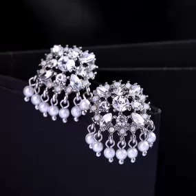 Trendy Crystal Flower & White Pearls Stud Earrings