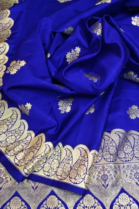 Ultramarine Blue Color Mshru Banarasi Saree with Zari Weaving