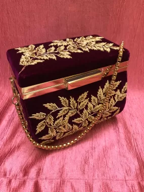 Wine Color Velvet Box Clutch Bag with Hand Zardosi Work