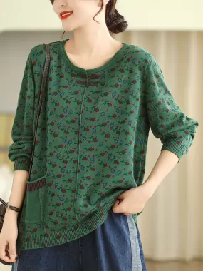 Women Vintage Floral Winter Spliced O-Neck Sweater