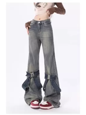 Y2K Style Wide-Leg Jeans With Ribbon Applications